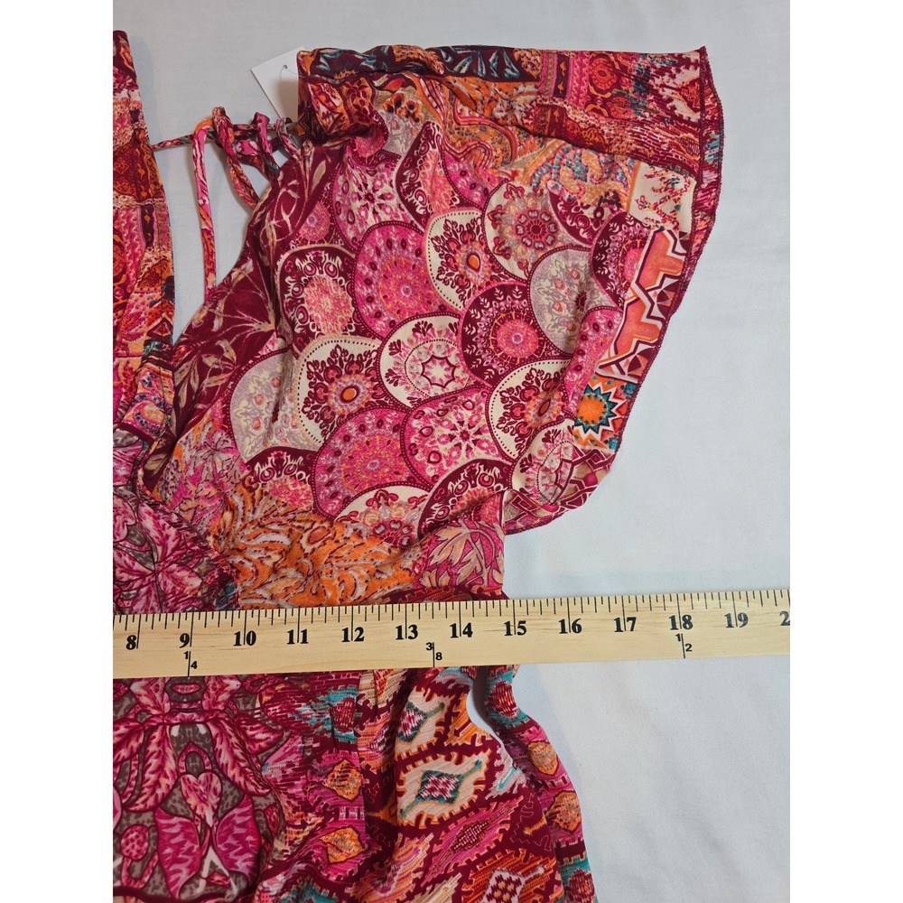 White Waves Boho Mixed Print Wide Leg Jumpsuit Open Back Tassel Burgundy S/M - Picture 11 of 15